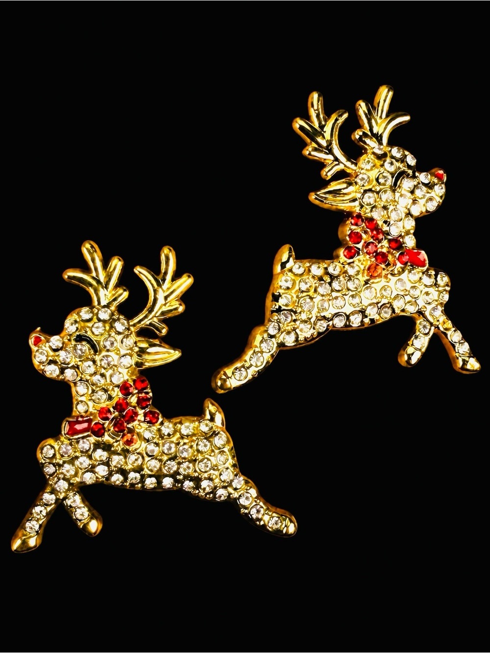 Holiday Reindeer Gold Tone Clear Stone Pierced Statement Earrings